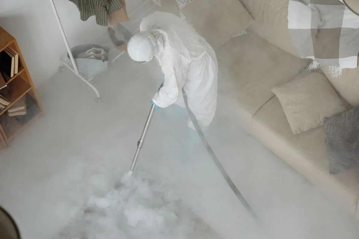 Biohazard cleanup technician in protective equipment, Bloomingdale, FL